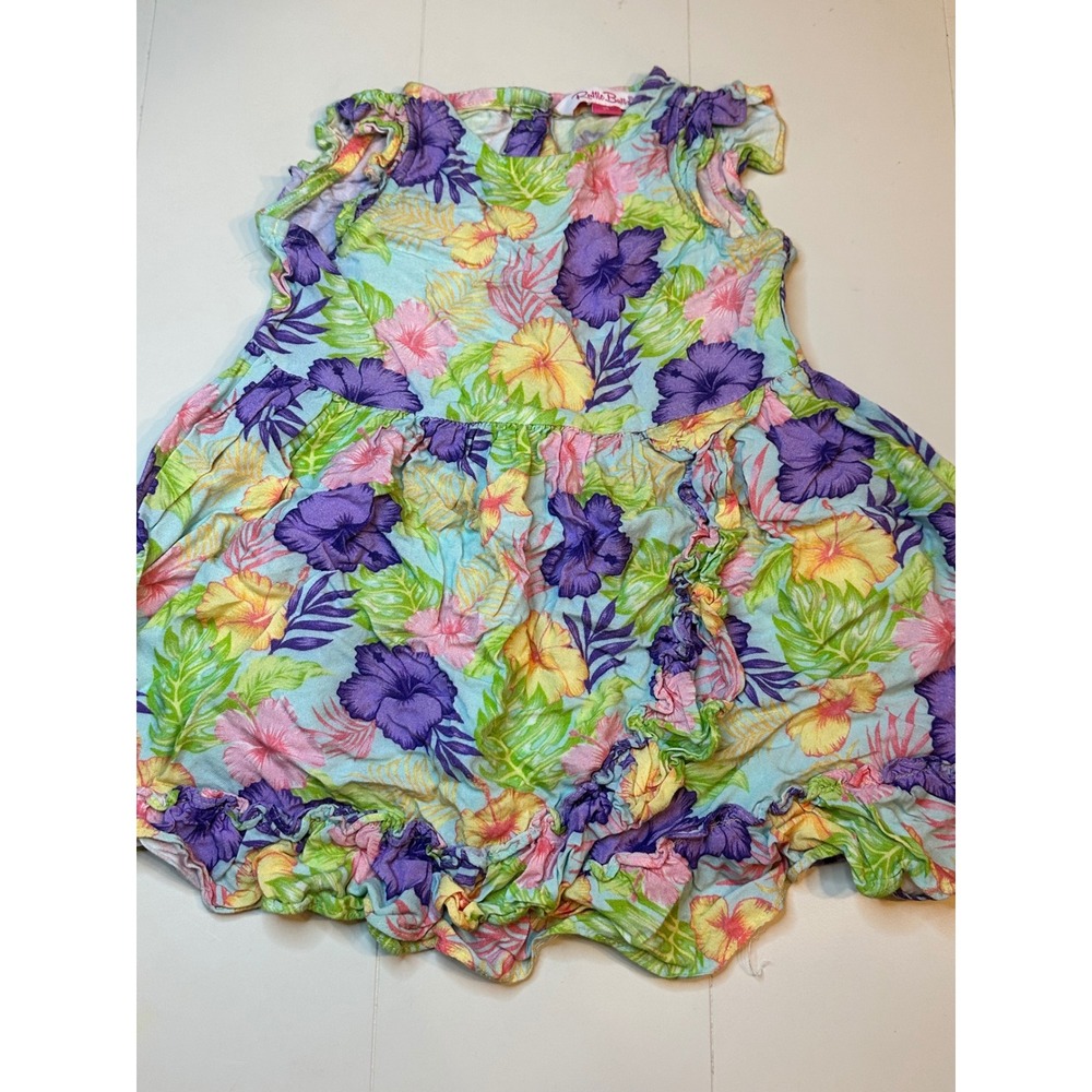 RuffleButts Floral Dress Kids 3T Blue Purple Good Tropical Hibiscus